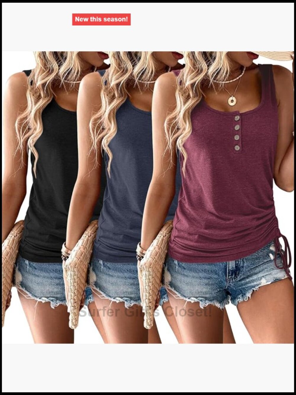 3 Pack Women Tank Tops Sleeveless Loose Fit Henley Neck Cotton Blend Summer